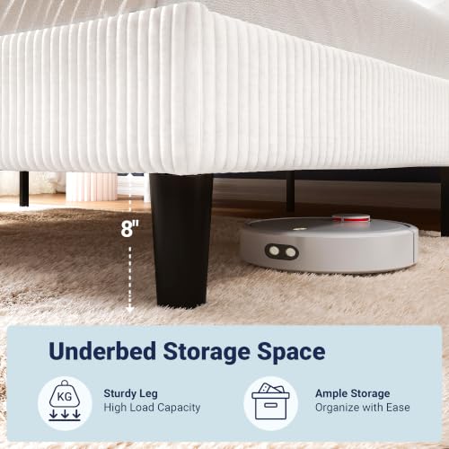 Image of Allewie Full Size Platform Bed with Corduroy Wingback Headboard, White | 800 lb Capacity, Corduroy Wingback Headboard, Vertical Channel Design, Wood Slat Support, No Box Spring Needed, Easy Assembly