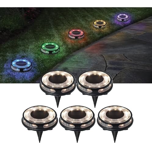 Member Marks Solar Disc Lights (5-Pack) - Ultra-Bright 30 Lumens Outdoor Garden Lights - Warm White & Color Changing Modes - Stainless Steel Waterproof In-Ground Lighting for Path Yard and Deck
