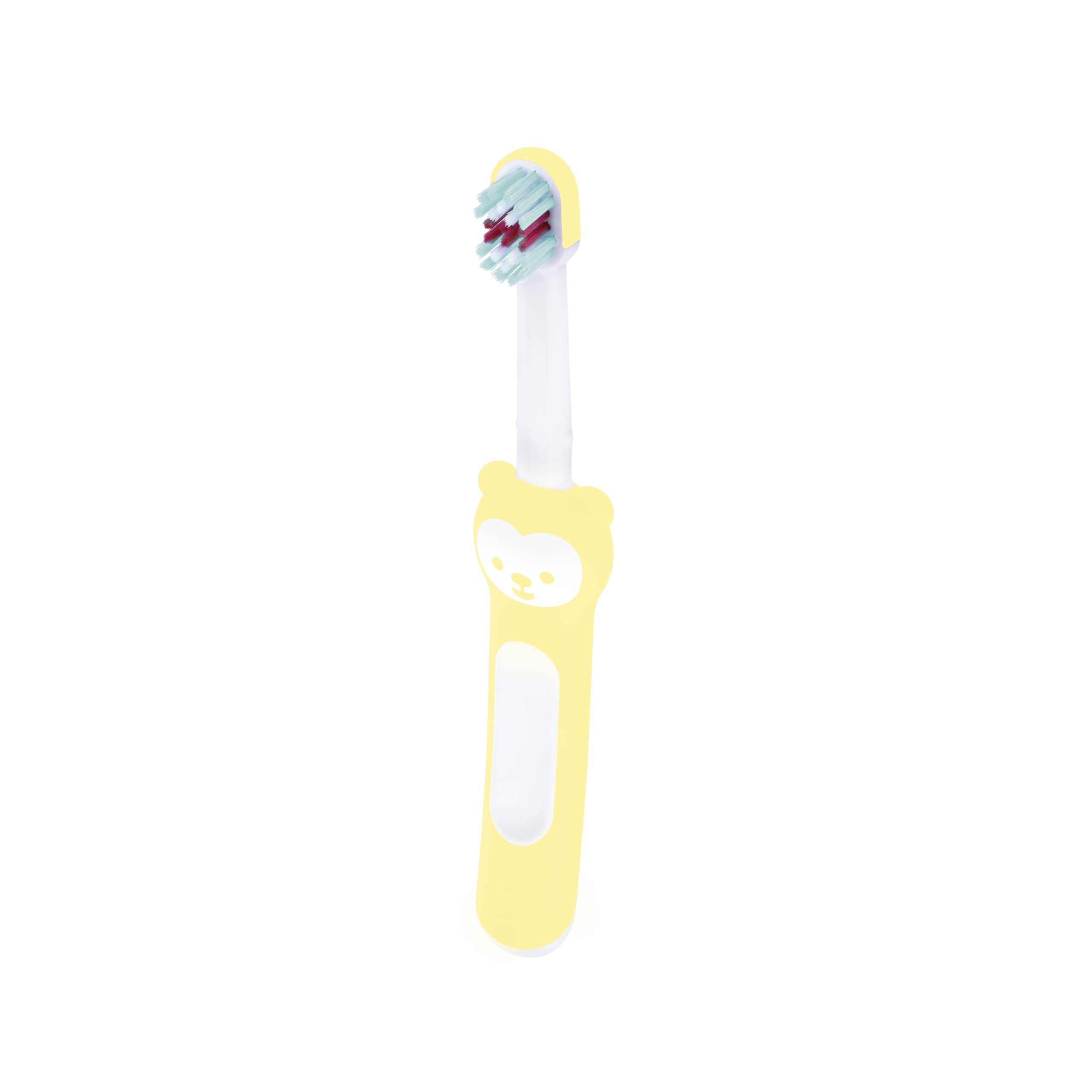 MAM | Ma première brosse à dents 6+ mois (coloris aléatoire) – Brosse à dents pour bébé facile à tenir en main – Pour apprendre à se laver les dents tout seul – Avec bouclier de protection