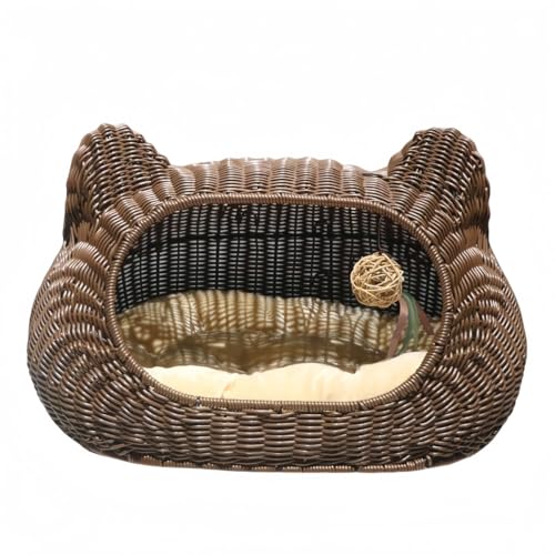 猫用ハウス、ケンネル、 猫ベッド ドーム型 、 天然素材、 藤編み、 通気性 、涼しい、 四季通用 、お手入れ簡単、 猫犬用品 、ベッド夏用 、猫の家、クッション付き、 ペット用品 (L(体重13kg以下の犬猫に推奨),コーヒー色)