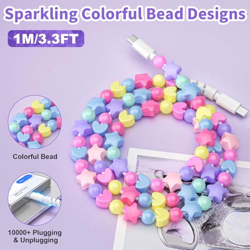 Image of VOFUOE USB C Cable for iPhone 17 Stars Beaded Charging Cord Fast Charging Cable for Girls Women 3.3FT Type C Cable for iPhone 16 /15, for iPad A16 11th Generation, for Galaxy S25-Colorful Beads