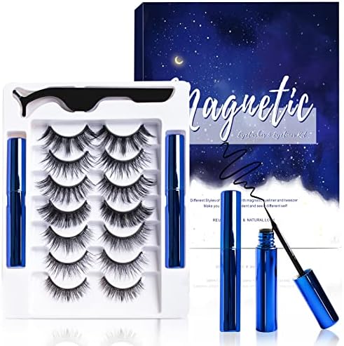 Magnetic Eyelashes and Eyeliner Kit, Premium Magnetic Lashes 3D Natural Look with Eyeliner and Tweezers, Lightweight & Sweatproof False Eyelashes No Glue Needed, Easy to Wear and Reusable (7 Pair)