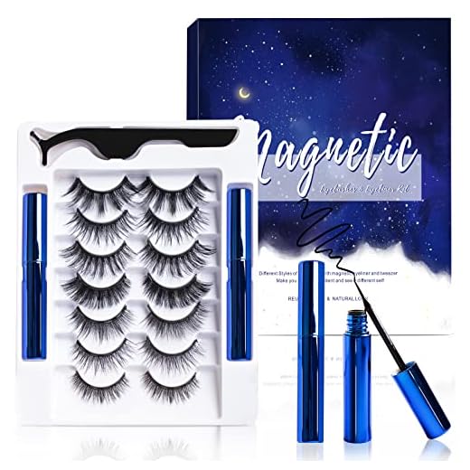 Magnetic Eyelashes and Eyeliner Kit, Premium Magnetic Lashes 3D Natural Look with Eyeliner and Tweezers, Lightweight & Sweatproof False Eyelashes No Glue Needed, Easy to Wear and Reusable (7 Pair)