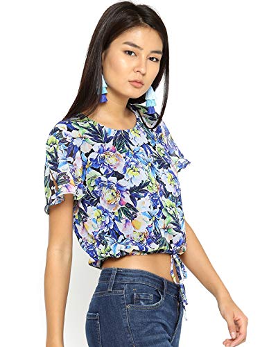 Image of Style Quotient Women Blue Printed Blouson Crop Top-Blue