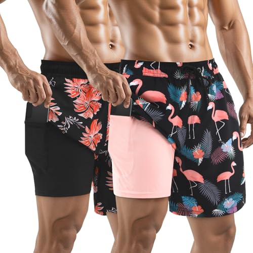 2 Pack Mens Swim Trunks with Compression Liner 7 Inch and Phone Pockets Swim Shorts Gym Training Athletic Jogger