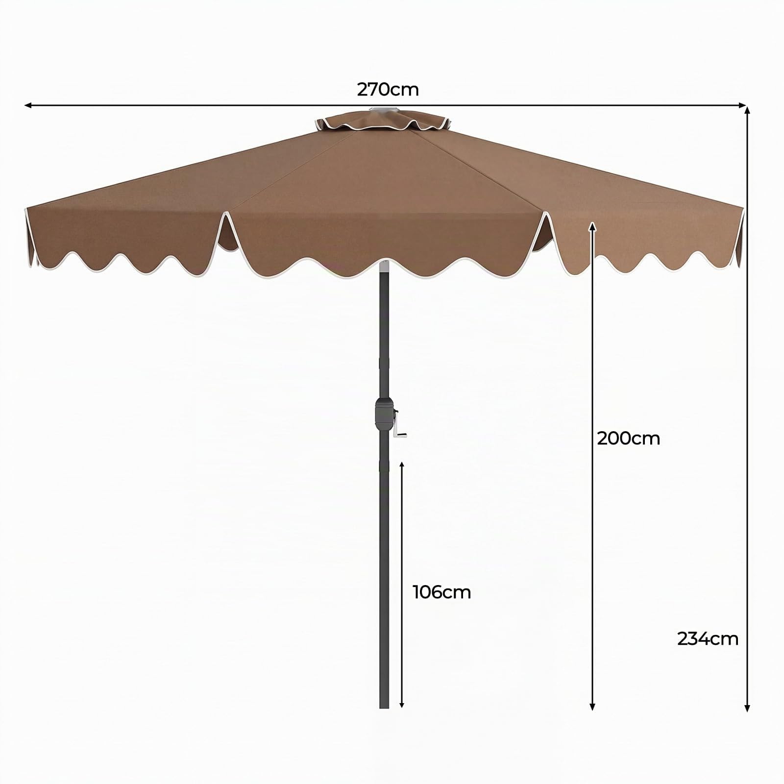 RELAX4LIFE Parasol Inclinable 2,7M | Parasol de Jardin Extéieur 2,7M | Inclinaison 30° | Volants Ondulés | Polyester Résistant | Baleines Renforcées | pour Balcon Terrasse (2,7x2,35 M,Marron)