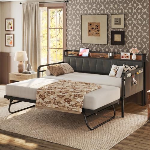 Image of LIKIMIO Twin Daybed, Day Bed Frame with Pop Up Trundle, Grey /Brown | Pop Up Trundle Bed, Storage Upholstered Headboard, Charging Station, Strong Supports for Living Room, Bedroom and Guest Room