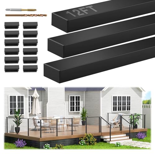 Image of 12FT Stainless Steel T304 Black Handrail, 3 Pack Rectangular Cuttable Handrail Flat Top Rail 2-3 /8 inchx1-3 /16 with Nylon End Caps for Indoor Outdoor Deck Stair Cable Railing System DIY Balustrade