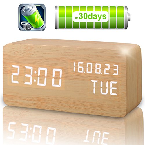 Réveil LED en Bois, Leeron Horloge Digital en Bois Avec Température/Calendrier Luminosité Mode Vocal Trois Alarmes (Rechargeable-Brun)