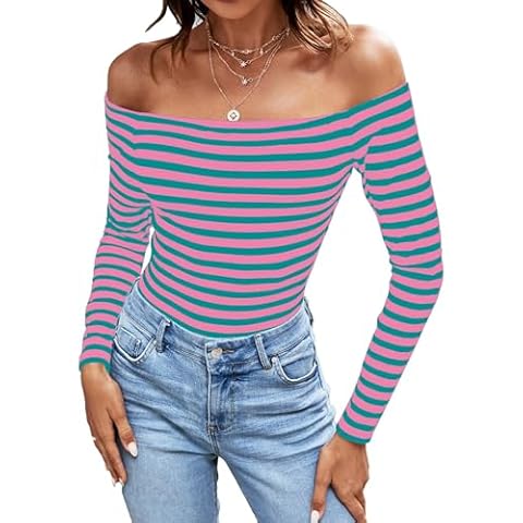 LilyCoco Women's Off The Shoulder Tops Striped Long Sleeve T Shirt Sexy Fitted Tee Pink Green Small Cover
