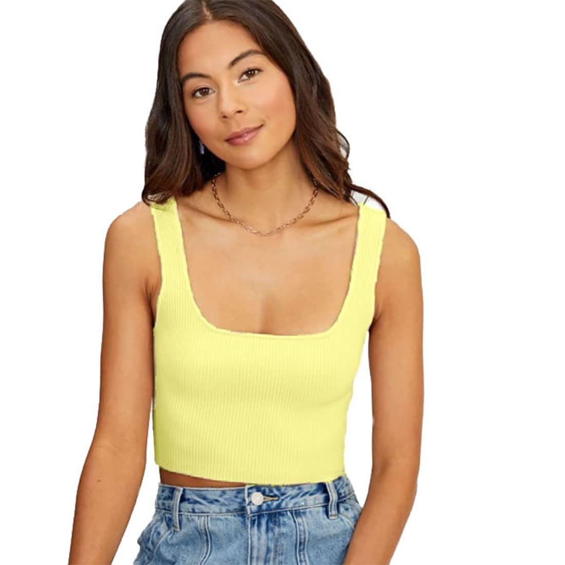 Solid Square Neck Sleeveless Casual Stylish Western Ribbed Crop Tank Top for Women-image-19