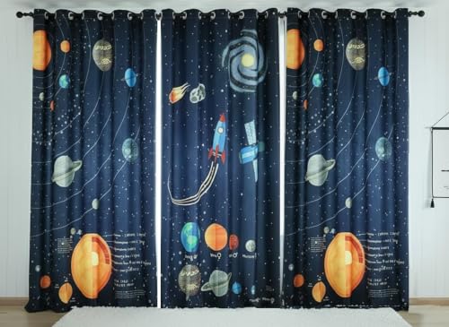 Image of Space Theme Grommet Opaque Curtains for Kids Room Planets Parde 4X9 feet Set of 3, Long Door Curtain, Blue Color Play School Curtains