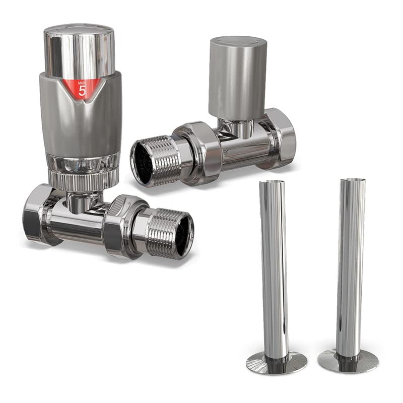 UK Radiators Silver Thermostatic Radiator Valves and Straight Lockshield Valve - Gloss Silver Finish - Classy and Modern Design 1/2" x 15mm Straight Radiator Valves with 130mm Pipe Covers โ image 1