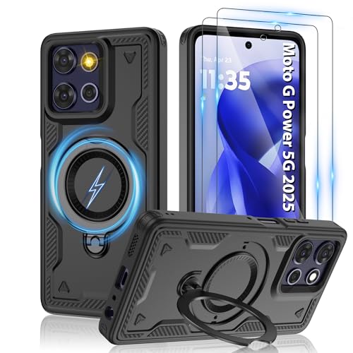 for Motorola Moto G Power 5G 2025 Magnetic Case,Compatible with MagSafe & [HD Screen Protector×2],Metal Rotated Kickstand,Military Grade Drop Proof Anti-Fingerprint Protective,Black
