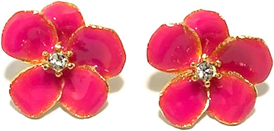 Kenneth Jay Lane Small Gold Flower with Pink Enamel Petals and Crystal Center Post Earrings