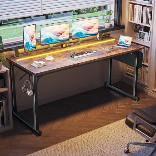 Image of DurayLoly 63 inch Home Office Desk with LED Lights,Computer Desk for 2 Monitors or 2 laptops,Spacious Under-Desktop for Study Writing Work Gaming Desk,Sturdy Metal Frame,Bedroom,Rustic Brown