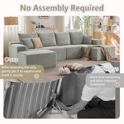 Image of Lakifun 135 inch U-Shape Cloud Couch, Modern Modular Sectional Comfy L-Shape Sofa with Ottoman, Deep Seat, Upholstered Corduroy Sleeper Chaise Longue for Living Room Bedroom, No Assembly Required, Grey