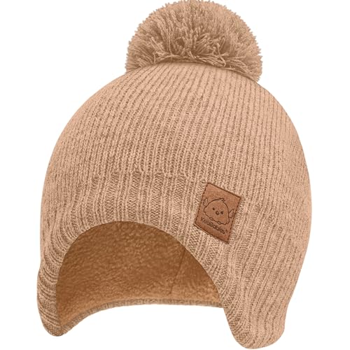 Image of Baby Beanies, Baby Hats for Boys, Girls - Cute Toddler Winter Hat, Soft & Stretchy Beanies for Infant, Newborn 6-36 Months, Cozy & Warm with Earflap Muff & Pom (Dune)