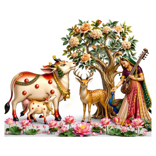 Image of Rangoli Cow Krishna Theme Wall Sticker 20 x 16 Inch Floral Tree Animal Design Self Adhesive Wall Decor for Living Room Bedroom Kids Room Indian Traditional Wall Art