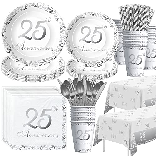 APOWBLS 25th Anniversary Decorations Tableware - Silver 25th Wedding Anniversary Party Supplies Paper Plate Cup Napkin Tablecloth Cutlery Straw Serves 24