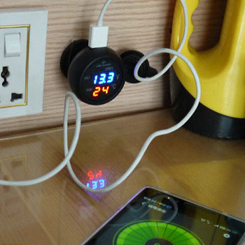 3 en 1 Termómetro Voltímetro para Coche, Cargador USB y Carga Rápida con Mechero Digital 12-24 V