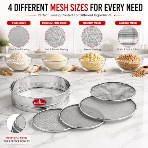 Image of Ajay's Shoppe Stainless Steel 4-in-1 Flour Sieve Set 20 CM | Atta Chalni with 4 Interchangeable Mesh Sieves for Maida, Besan, Suji & Spice Straining