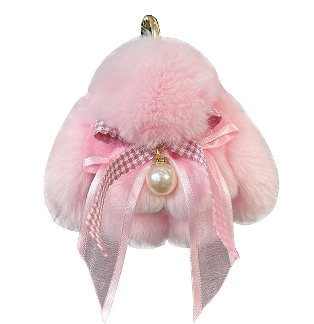 Soft Fluffy Rabbit Keychain Cute Plush Key Rings Faux Fur Keyring Pompom Keychain Decoration (light pink)