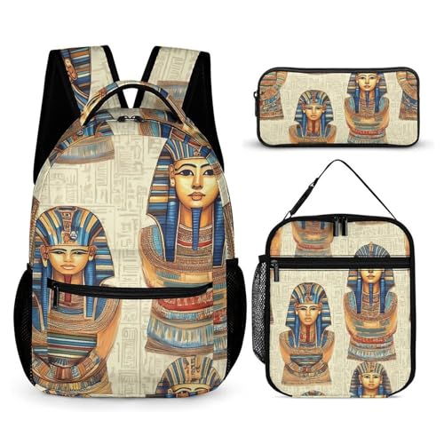 Vintage Ancient Egyptian Pharaoh Statue Backpack Shoulder Bags Lunch Bag Pencil Case Box 3 Set Daypack Cute