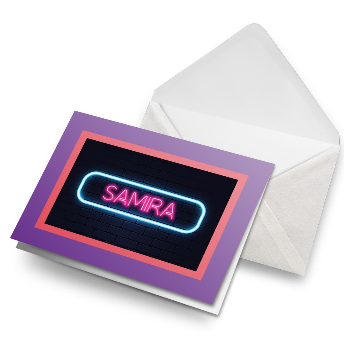 Greeting Card Purple & Coral (Photo Insert) - Neon Sign Design Samira Name - Blank Birthday Celebration Anniversary, Envelope Included #353479