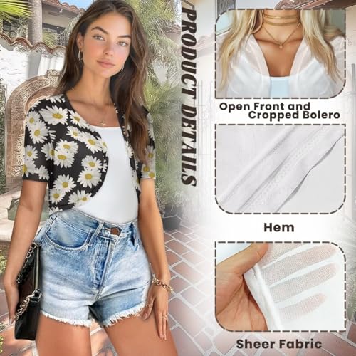 Image of Womens Short Sleeve Cardigans Lightweight Summer Cardigan Trendy Bolero Shrug Cute Floral Cardigan Sheer Bolero