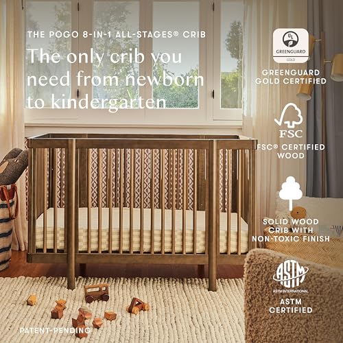Image of Babyletto Pogo Convertible All-Stages Bassinet, Midi, Full-Size Crib in Natural Walnut, GREENGUARD Gold Certified, Portable & Adjustable with Conversion Kits and Pads Included