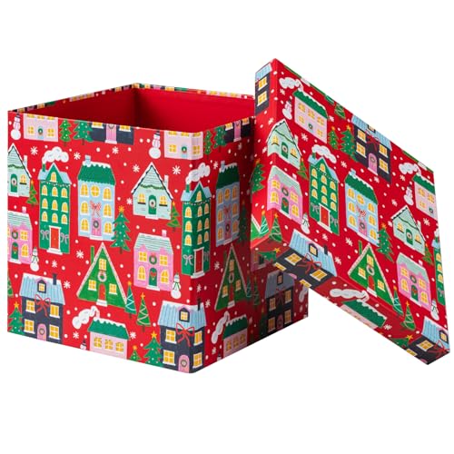WRAPAHOLIC 9" Christmas Gift Box with Lid - Red Gingerbread House Design Gift Box and 2 Pcs Tissue Paper for Christmas, Holiday, Party, Gift Giving and More