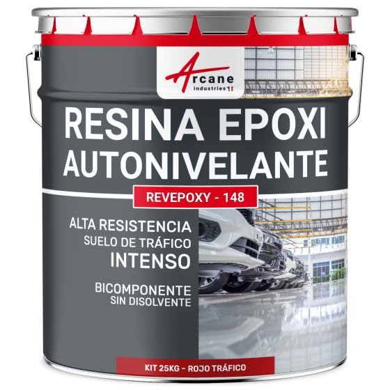 Resina Epoxi Suelo Autonivelante Azulejos y Hormigón 25 kg Rojo señales | Suelo Autonivelante en Azulejos y Hormigón, Tránsito Intenso, Alta Resistencia Química y Mecánica - Arcane Industries