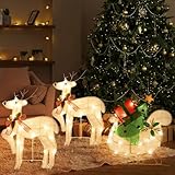 Light Up Reindeer Outdoor Christmas Decorations, Lighted Christmas Decor Reindeer & Sleigh, Christmas Deer Outdoor Decorations, Outdoor Lighted Holiday Deer Christmas Yard Decorations Light Up Display