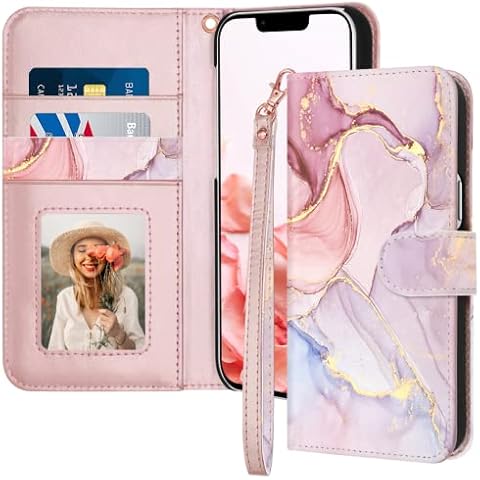 Fingic for iPhone 14 Case,for iPhone 14 Phone Case Wallet,Marble Rose Gold Leather Women Magnetic Closure Kickstand Shockproof PC Bumper Card Slot Fullbody Protective Flip Case for iPhone 14,2022,6.1" Cover