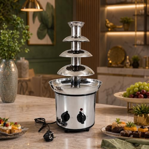 Image of Electric Chocolate Fountain Machine with Stainless Steel Tower | 4-Tier Chocolate Fountain | Motor & Heating Control for Parties, Hotels, Catering & Events (Silver)