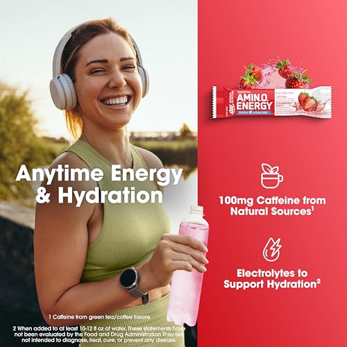 Image of Optimum Nutrition Amino Energy Plus Hydration Packets, On-the-Go Energy Powder Stick Packs, Strawberry Burst, 25 Count