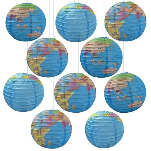 Image of 10 Pack 12 Inch Globe Paper Lanterns for Ceiling Hanging, Large Earth Lantern Around The World Map Decorations