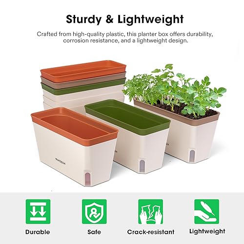Image of VIVOSUN Self-Watering Planters, 12-Pack 10.5 Inch Compact Rectangular Window Herb Planter Box with 10 PCS Plant Labels, Plant Container for Basil, Flowers, Succulents, Indoor & Outdoor