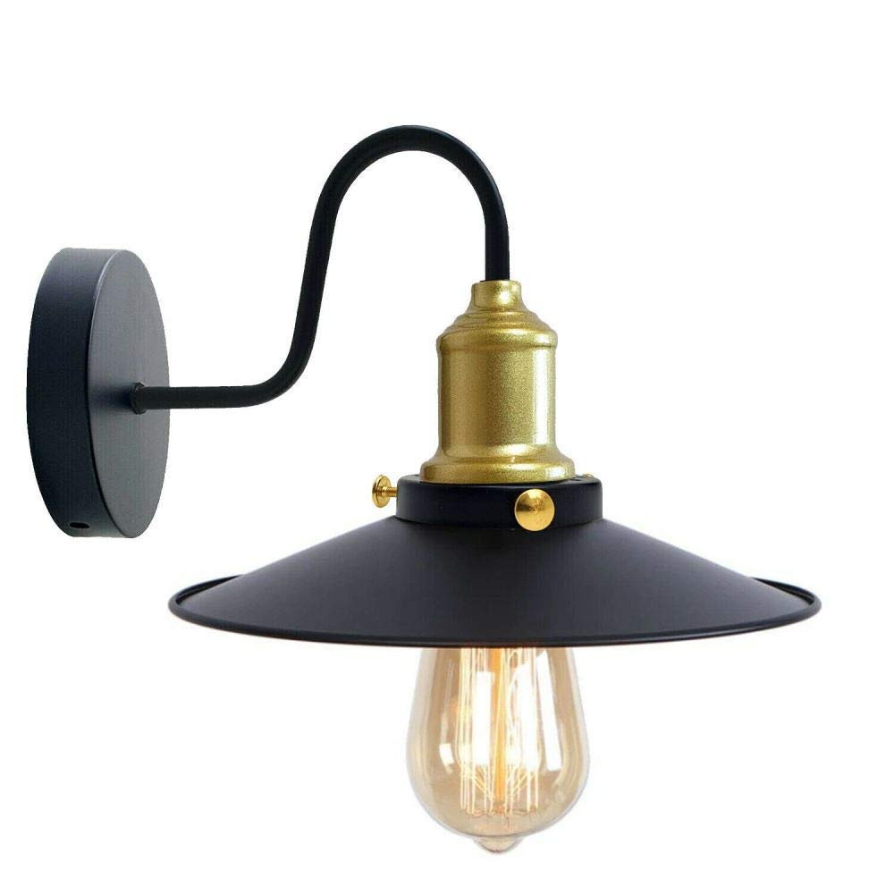 LEDSone Modern Vintage Retro Industrial Wall Sconce Light Swan Neck Black Arm, Wall Lamp Shade with E27 Holder Fitting (Black with Yellow Brass Holder)