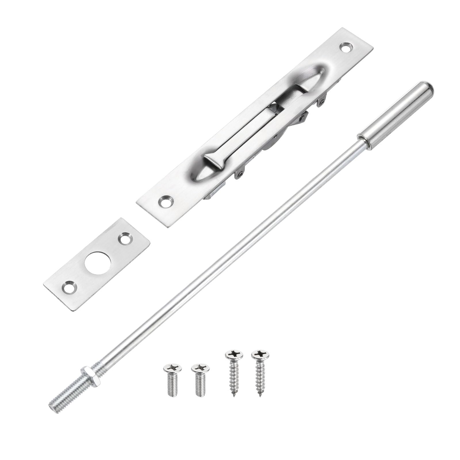 sourcing map 1 Pack Extension Flush Bolt with Rod, 12 Inch Stainless Steel Door Flush Bolt Latch Concealed Security Door Lock for Double French Doors, Composite, Wood Doors, Silver