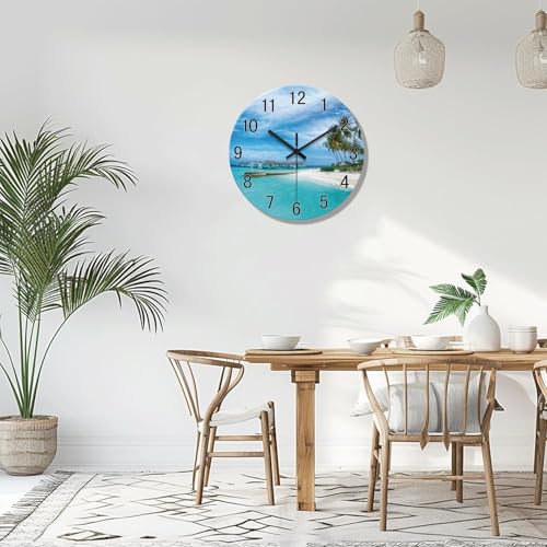 Image of XFM Blue Beach Wall Clock 12 Inch Coastal Nautical Round Glass | Silent Non-Ticking Battery Operated Modern Decorative for Living Room Kitchen Bedroom Office