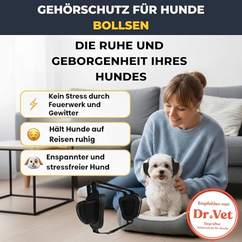 BOLLSEN Dog+ Gehörschutz für Hunde | Verstellbarer Ohrenschutz & Lärmschutz für alle Hunderassen, reduziert Geräusche um ca. 27 dB – ideal bei Silvester, Gewitter & Arbeit (S)