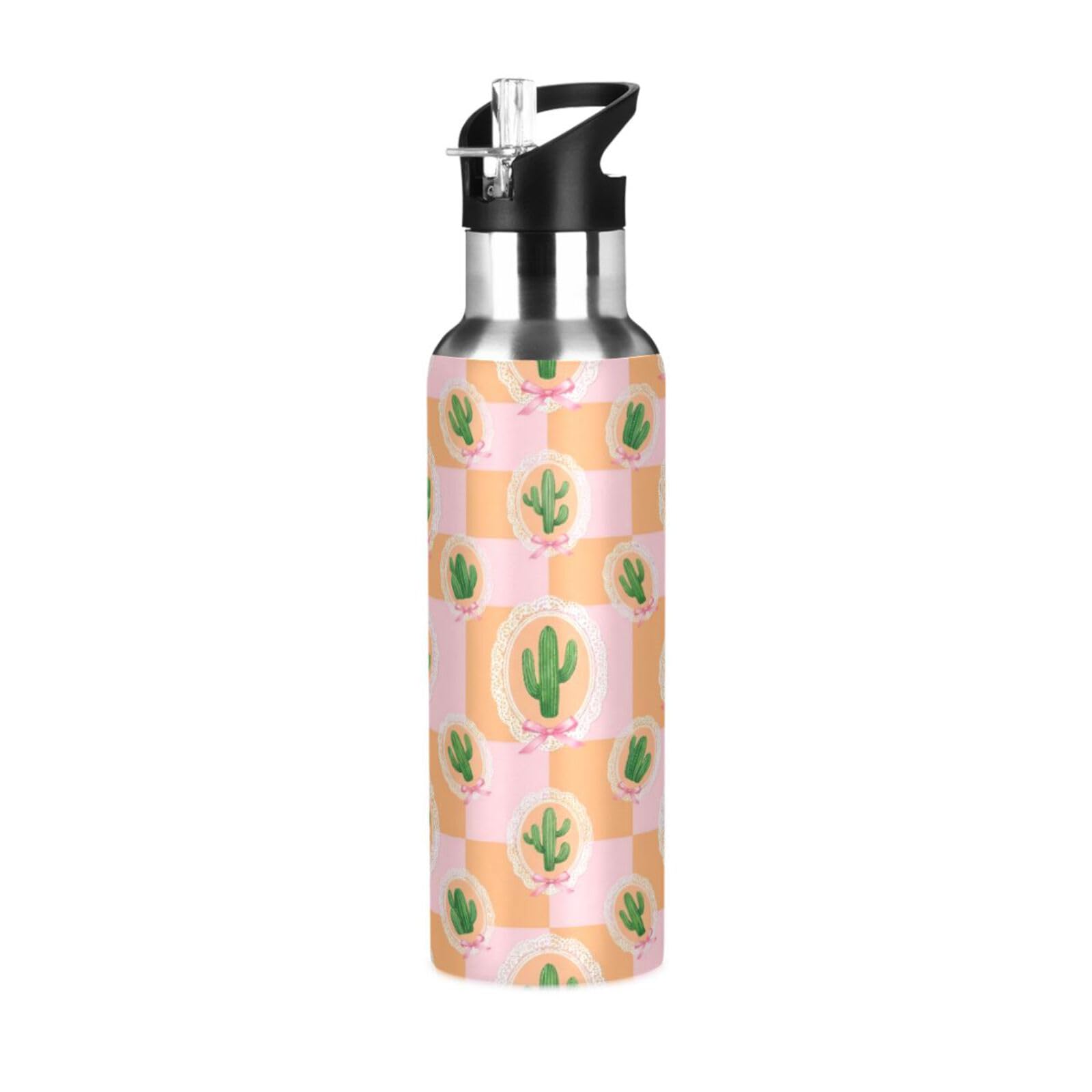 BOESI Cactus Frame Pattern Insulated Water Bottle 600ml, Stainless Steel Vacuum Sports Bottle with Straw, Leak Proof Thermal Bottle for Gym Travel Outdoor