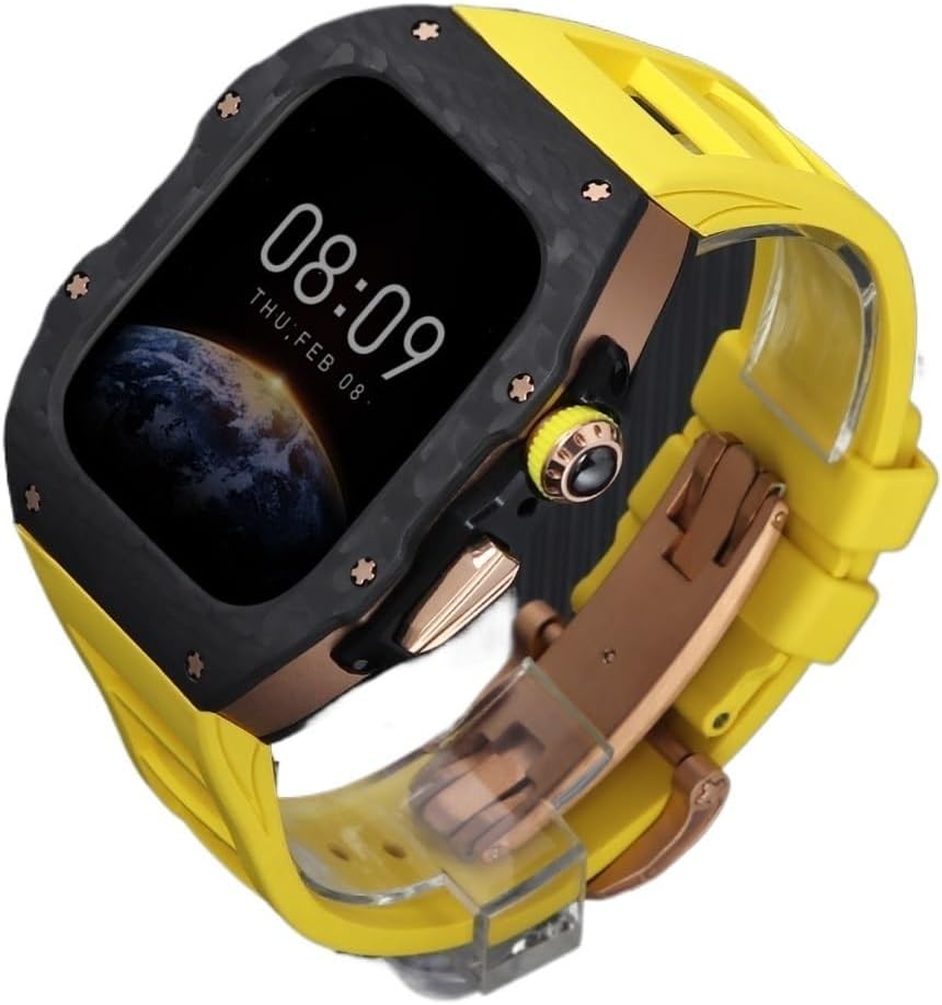 Carbon Fiber and Titanium Watch Case and fluororubber band Set，For Apple Watch 46mm 42mm Series Watch，Rubber Watch Strap Mod Kit Accessories