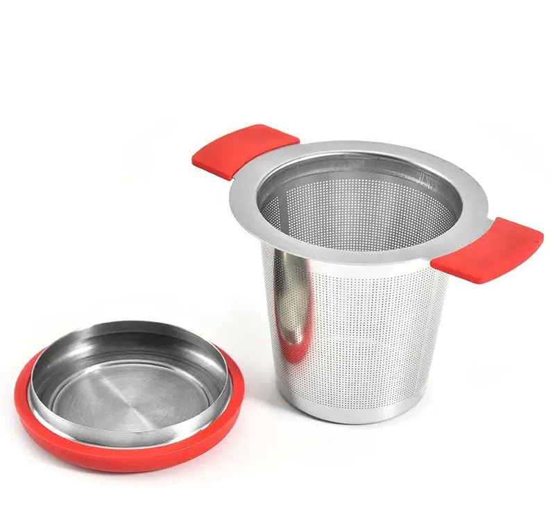 VIER - Infusor de te de acero inoxidable 18/10 (304), doble asa. Té Suelto y Especias, Colador de Malla Extra Fina, Ideal para Té Negro, Rooibos y Más. Tapa y asas de silicona.