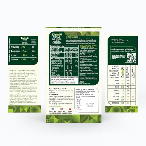 Image of Diahealth Diabetic Care Masala Noodles, 100 Gms, 1 Pack, Low Glycemix Index (22) & High Protein /Serv, Taste Just Like Regular Noodles, Low Carb, Pre-Biotic High Fibre, For Diabetics And Weight Loss