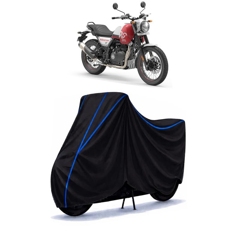 Image of Scram 411 Bike Cover Water Resistant Universal Motorcycle Rain | Heavy Duty UV Protection, Dust, Scratch Indoor Outdoor All Weather with Black Blue Piping Elastic