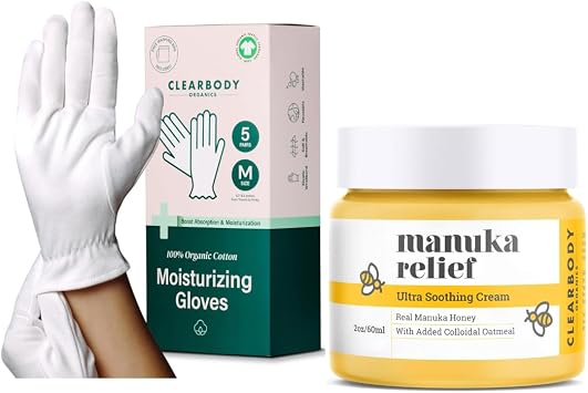 Manuka Honey Eczema Cream and Clearbody Organic Gloves Medium. White Organic Cotton Gloves 5 Pairs 10 Pcs 100% Organic Cotton Gloves for Dry Hands Reusable Moisturizing Gloves with Manuka Honey