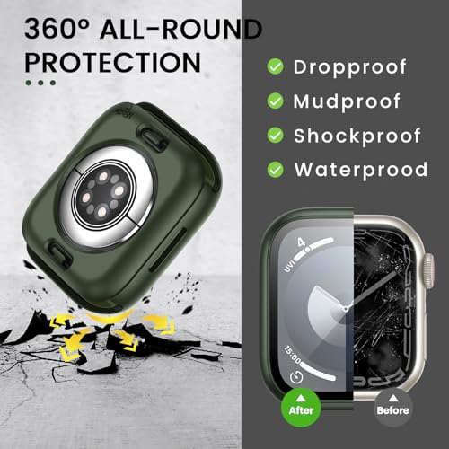 Image of 3 in 1 Goton Waterproof Hard Case for Apple Watch Screen Protector 45mm, 360 Slim Full Protective Tempered Glass Face Cover + Back Hard PC Bumper for iWatch Series 9 /8 /7, 45mm Green